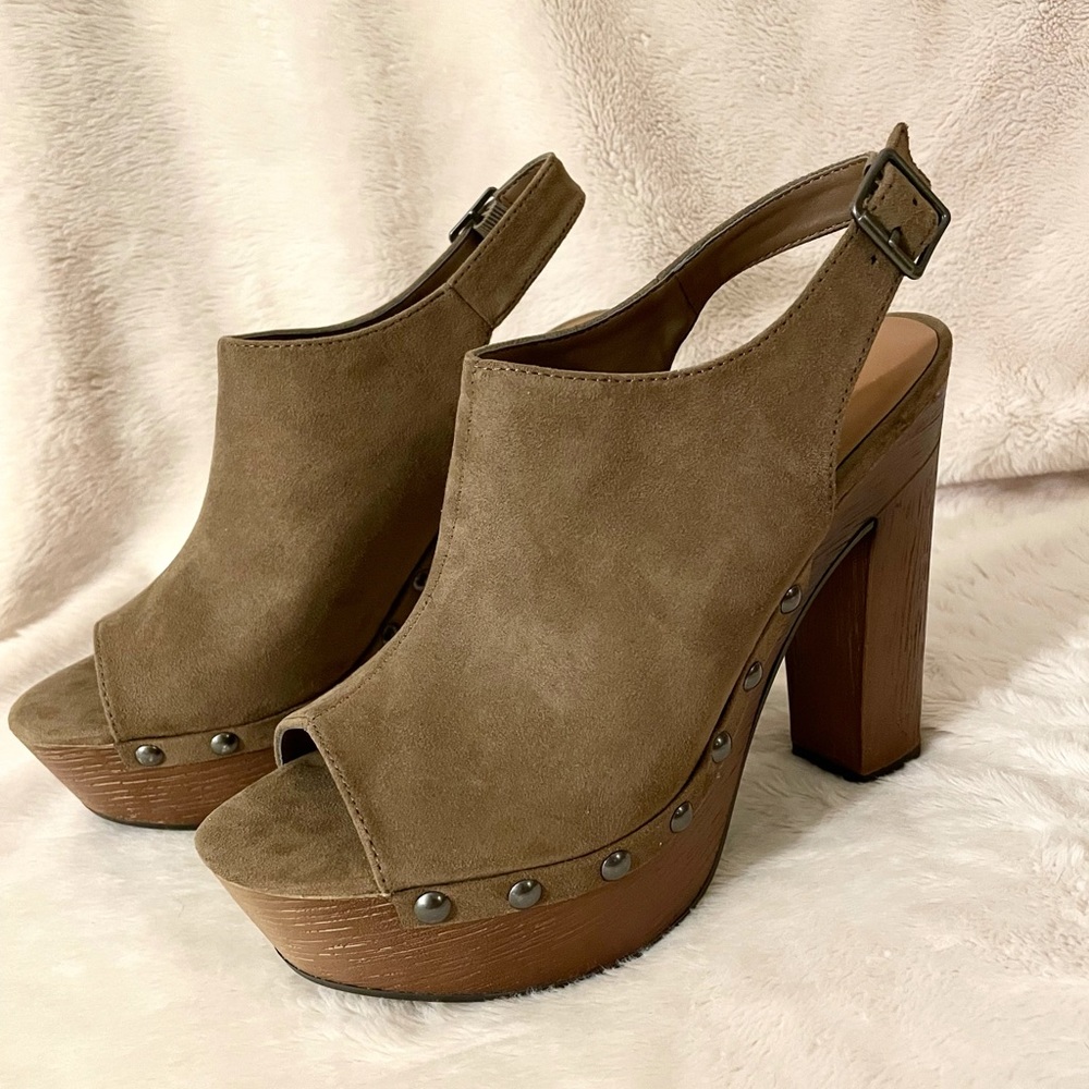 Brown/Taupe Block Heels With Ankle Strap